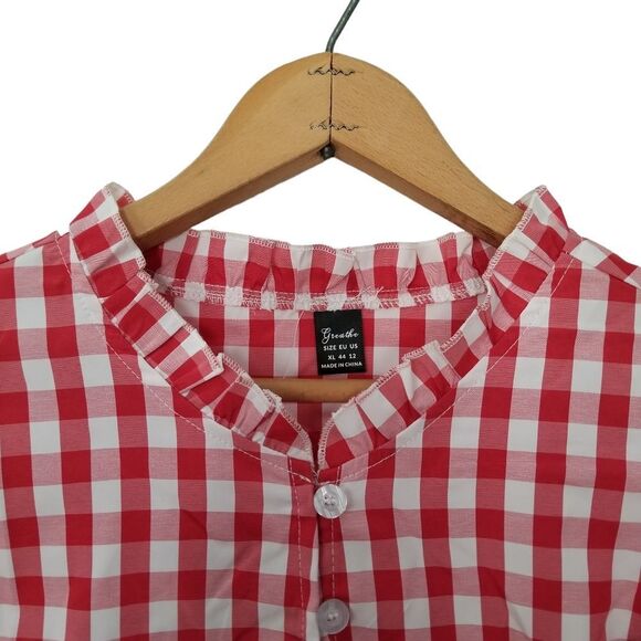 SHEIN Red Gingham Flutter Sleeve Frilled Neck Half Button Blouse NWOT XL 5 0286 - Picture 3 of 8